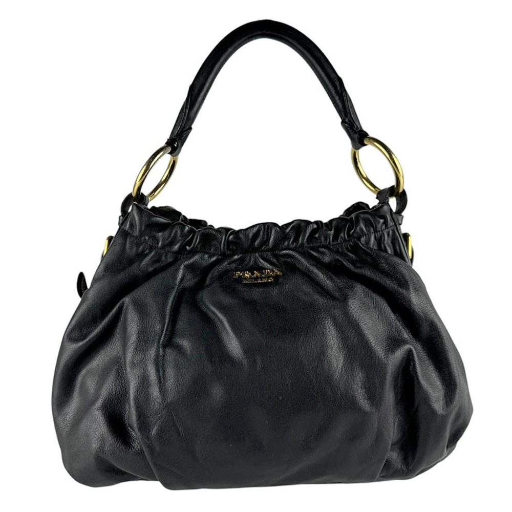 Prada black leather gathered hobo bag on the strap